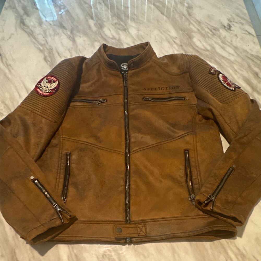 Affliction Live Fast Men’s Brown Biker Jacket Zip American Customs Patch Size L